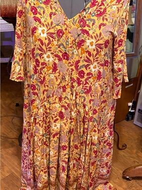 Floral maxi dress orange/red 3/4 fit&flare sleeves v neck v empire waist 26/28